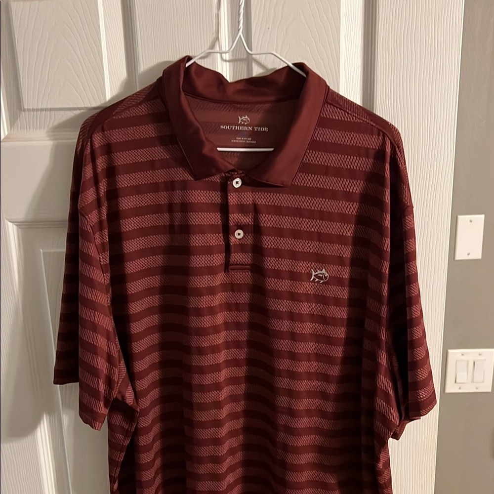 Southern Tide Maroon Striped Performance Polo Shirt Casual